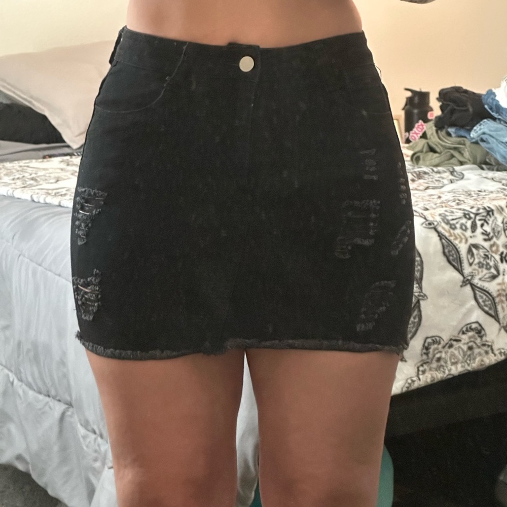 Black Ripped Denim Mini Skirt